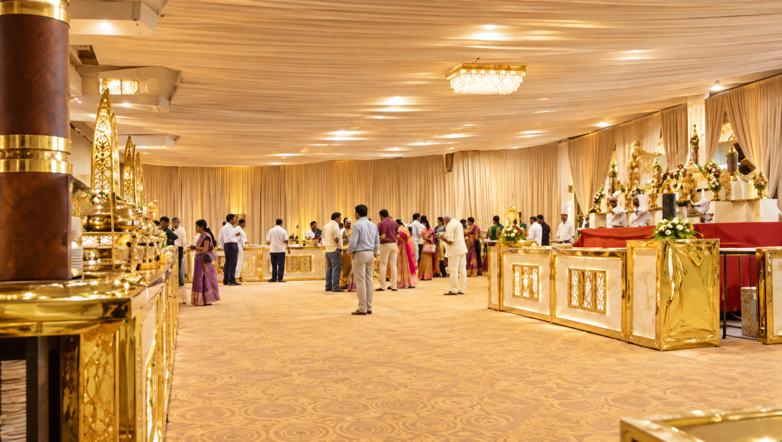 DINNING AREA 1 NS Convention dining hall with gold buffet counters and guests queuing