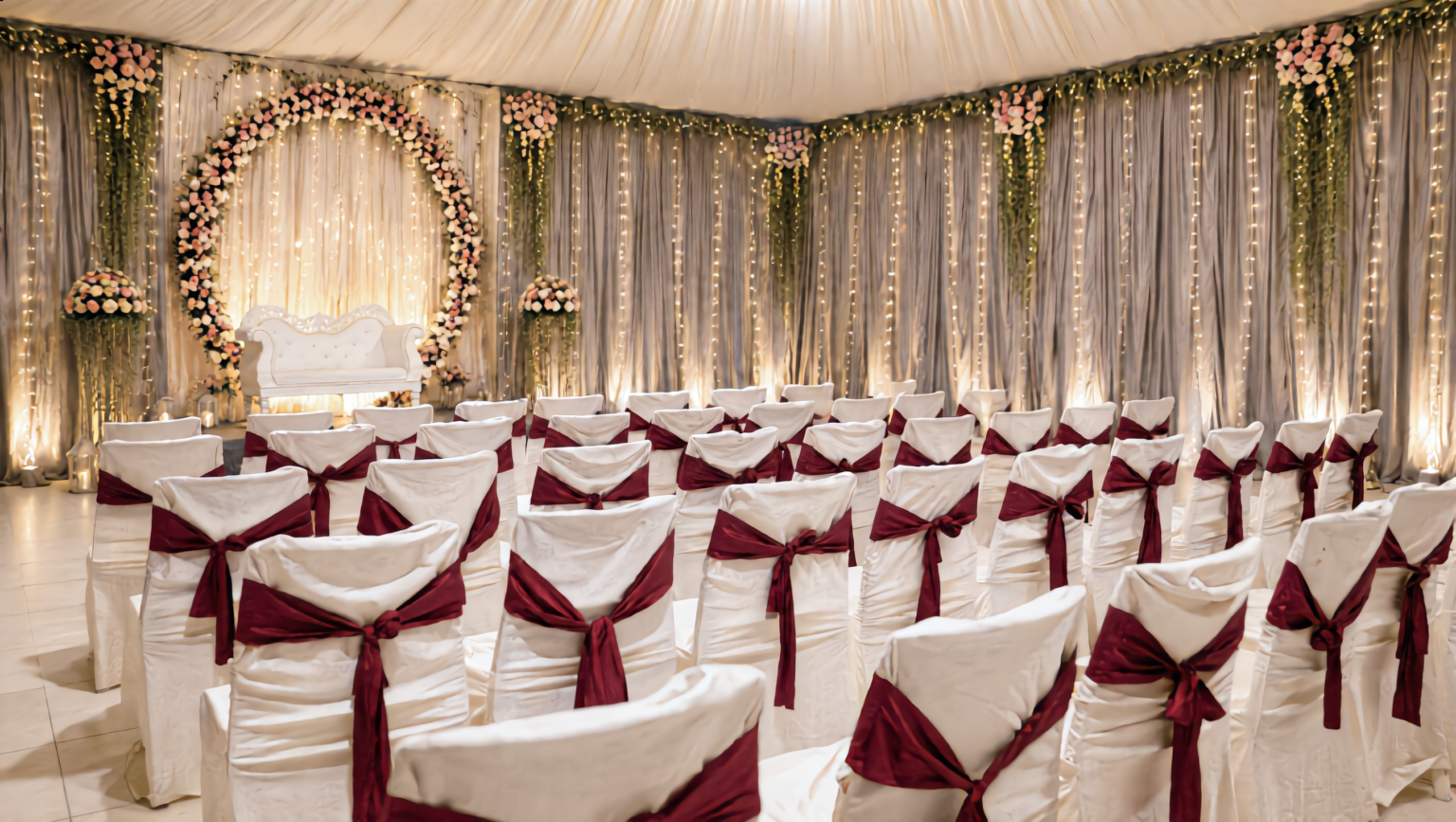 NS Convention Party Hall NS Convention party hall set for a wedding with a floral-arch stage